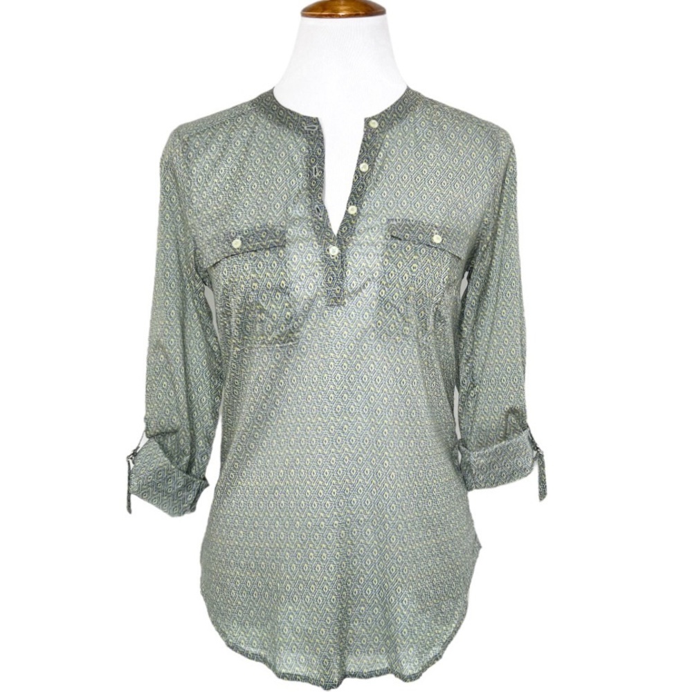 Anthropopogie Blue & Yellow Ikat Geometric Diamond Printed Roll Tab Sleeve Tunic